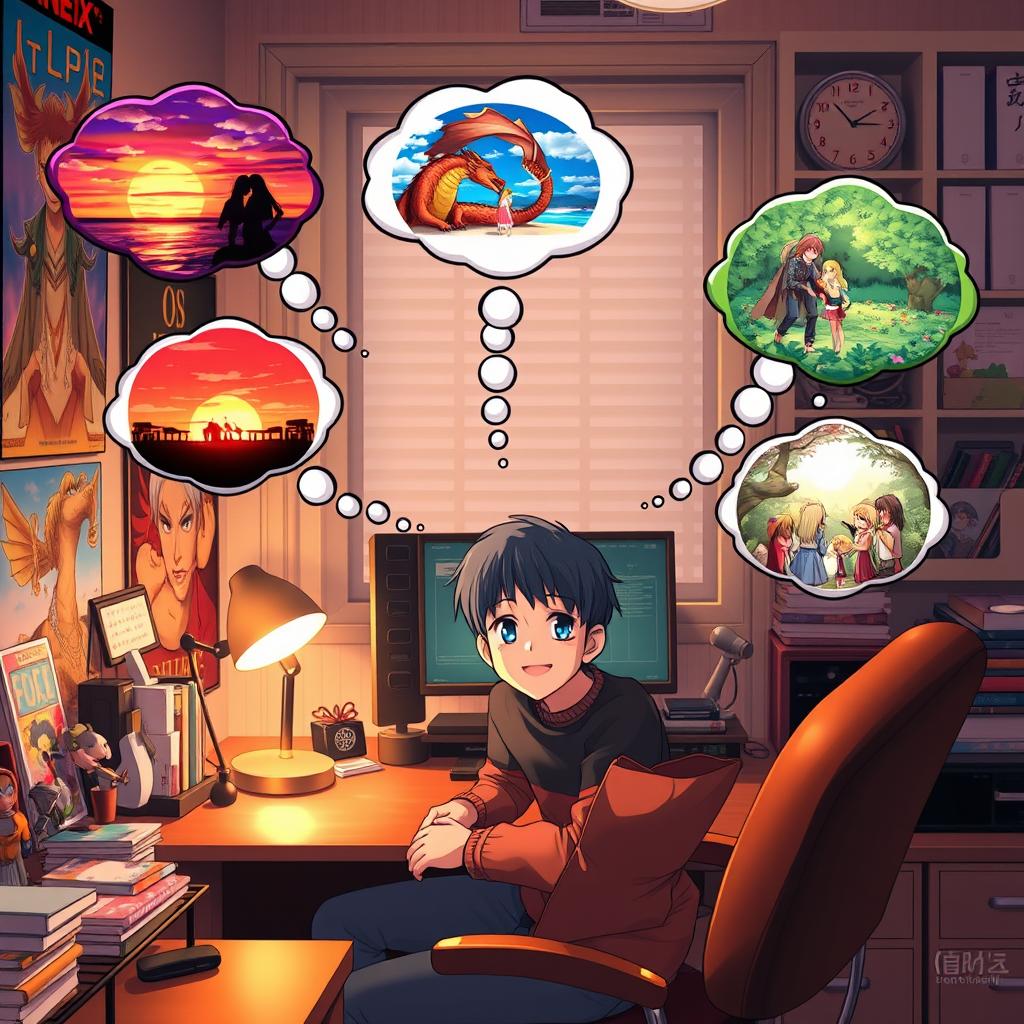 A devoted anime fan sitting at a cozy desk, surrounded by anime posters and figurines, imagining various alternative perfect endings for their favorite anime series