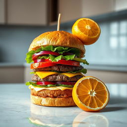 A vibrant and playful still life setting, featuring an unusual combination of a big juicy hamburger with layers of fresh vegetables and cheese, and a bright, perfectly peeled orange