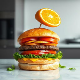 A vibrant and playful still life setting, featuring an unusual combination of a big juicy hamburger with layers of fresh vegetables and cheese, and a bright, perfectly peeled orange