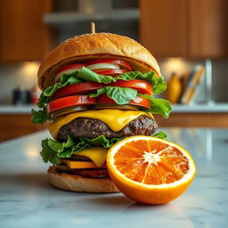 A vibrant and playful still life setting, featuring an unusual combination of a big juicy hamburger with layers of fresh vegetables and cheese, and a bright, perfectly peeled orange