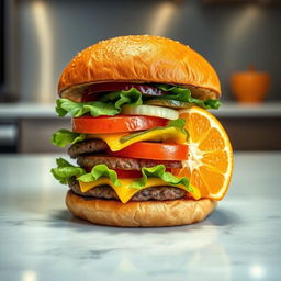 A vibrant and playful still life setting, featuring an unusual combination of a big juicy hamburger with layers of fresh vegetables and cheese, and a bright, perfectly peeled orange