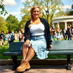 A curvy blond woman with her hair styled in a plait, seated gracefully on a bench in Hyde Park near Speakers Corner