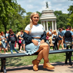 A curvy blond woman with her hair styled in a plait, seated gracefully on a bench in Hyde Park near Speakers Corner