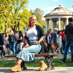 A curvy blond woman with her hair styled in a plait, seated gracefully on a bench in Hyde Park near Speakers Corner