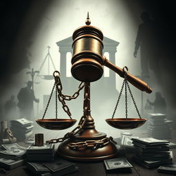 A depiction of a judge's gavel resting on a scale of justice, symbolizing corruption and crimes within the legal system