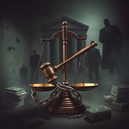 A depiction of a judge's gavel resting on a scale of justice, symbolizing corruption and crimes within the legal system