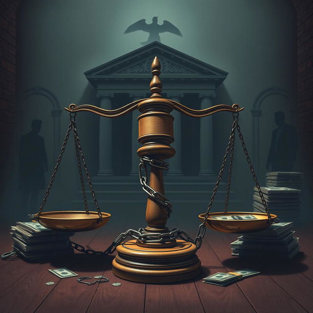 A depiction of a judge's gavel resting on a scale of justice, symbolizing corruption and crimes within the legal system