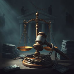 A depiction of a judge's gavel resting on a scale of justice, symbolizing corruption and crimes within the legal system