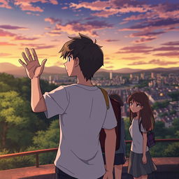 An anime protagonist standing at a picturesque setting, such as a forest clearing or a bustling cityscape, with friends gathered around