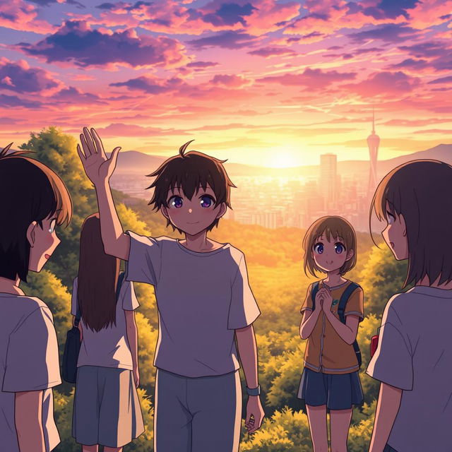 An anime protagonist standing at a picturesque setting, such as a forest clearing or a bustling cityscape, with friends gathered around