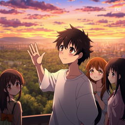 An anime protagonist standing at a picturesque setting, such as a forest clearing or a bustling cityscape, with friends gathered around