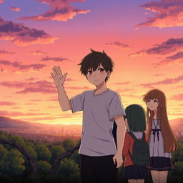 An anime protagonist standing at a picturesque setting, such as a forest clearing or a bustling cityscape, with friends gathered around