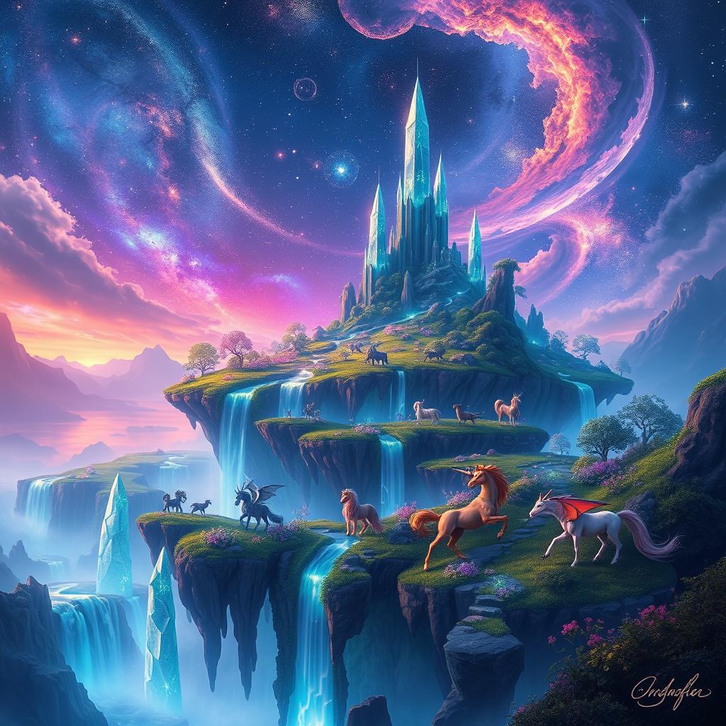 A magical realm with ethereal landscapes, featuring a vibrant, floating island surrounded by glowing waterfalls that cascade into an abyss