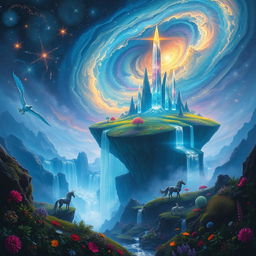 A magical realm with ethereal landscapes, featuring a vibrant, floating island surrounded by glowing waterfalls that cascade into an abyss