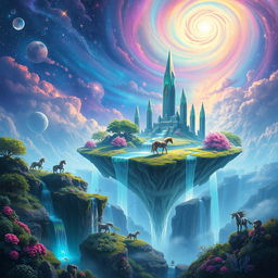 A magical realm with ethereal landscapes, featuring a vibrant, floating island surrounded by glowing waterfalls that cascade into an abyss