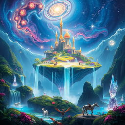 A magical realm with ethereal landscapes, featuring a vibrant, floating island surrounded by glowing waterfalls that cascade into an abyss