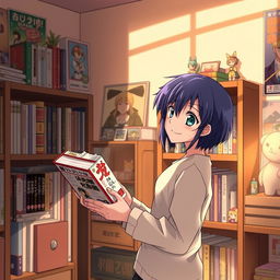 The same anime fan from before now stands in a cozy room filled with anime memorabilia, holding the last volume of a manga series with a contented smile