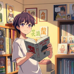 The same anime fan from before now stands in a cozy room filled with anime memorabilia, holding the last volume of a manga series with a contented smile