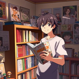 The same anime fan from before now stands in a cozy room filled with anime memorabilia, holding the last volume of a manga series with a contented smile