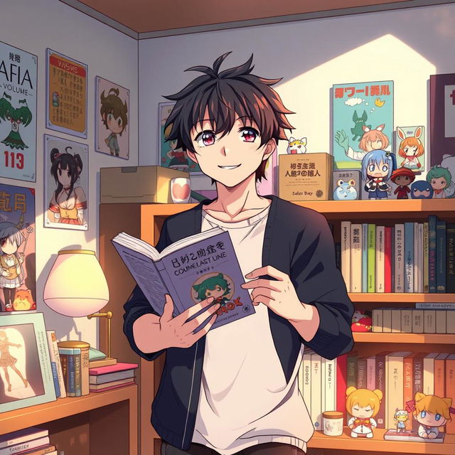 The same anime fan from before now stands in a cozy room filled with anime memorabilia, holding the last volume of a manga series with a contented smile