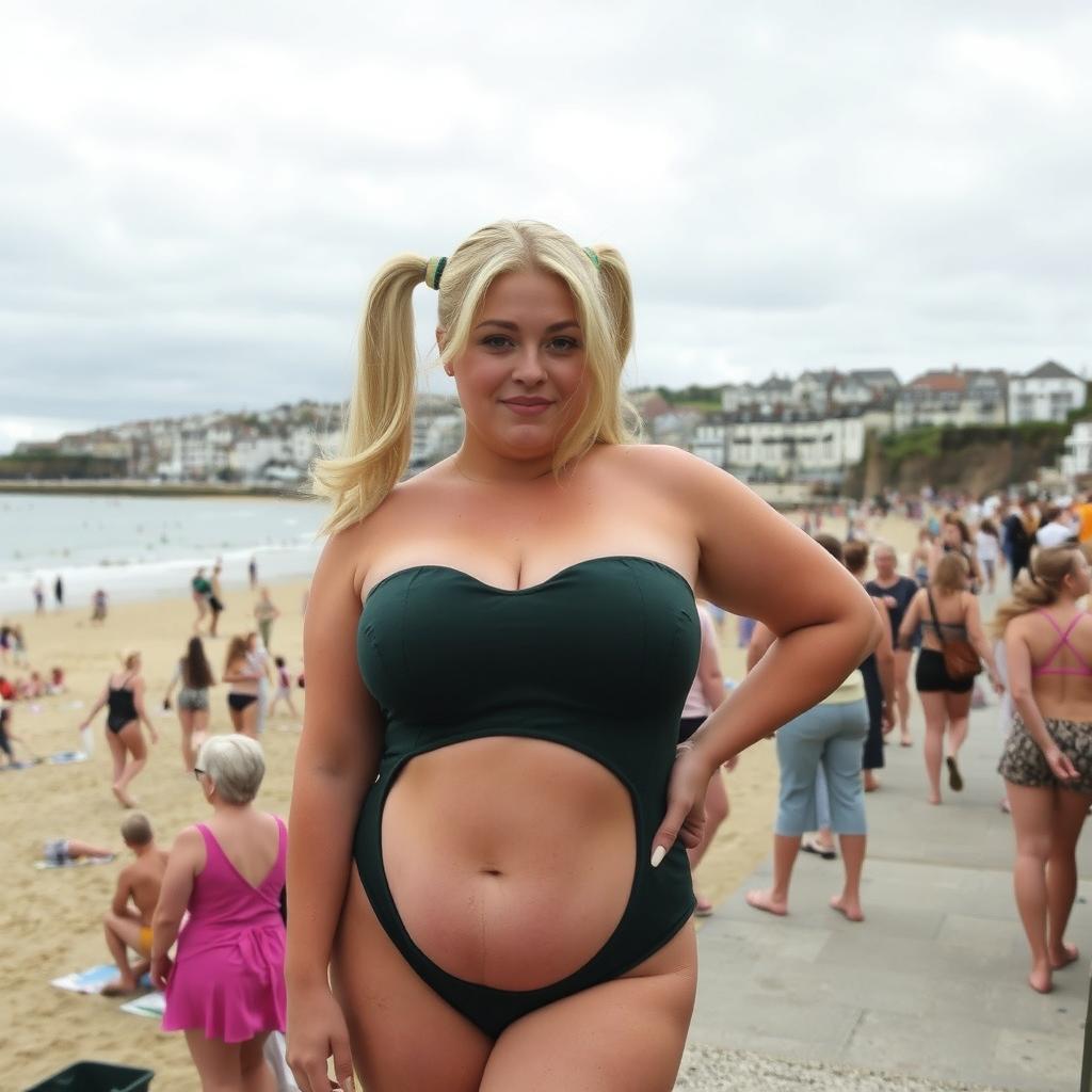 A curvy blonde woman with hair in pigtails is posing on St Ives beach with the town behind her