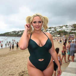 A curvy blonde woman with hair in pigtails is posing on St Ives beach with the town behind her