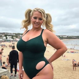 A curvy blonde woman with hair in pigtails is posing on St Ives beach with the town behind her