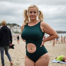 A curvy blonde woman with hair in pigtails is posing on St Ives beach with the town behind her