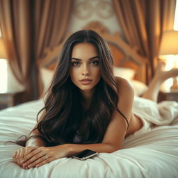 A beautiful and sensual woman with long flowing hair lying on a luxurious bed, looking serene and relaxed