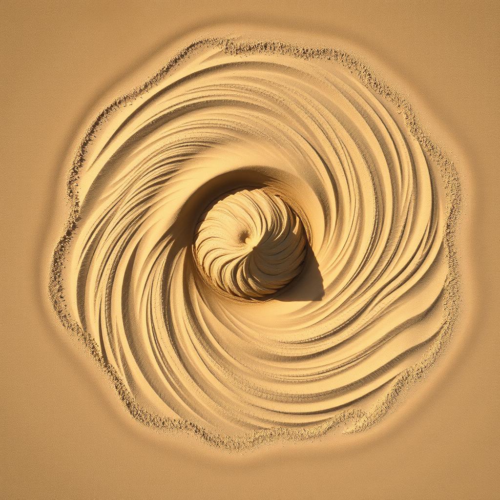 Aerial view of a swirling sand tornado, showcasing its mesmerizing and powerful vortex form