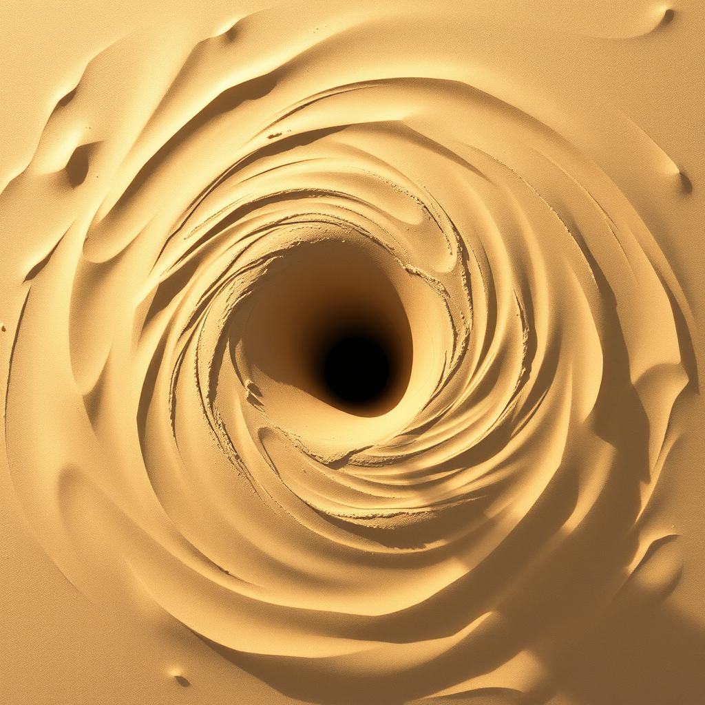 Aerial view of a swirling sand tornado, showcasing its mesmerizing and powerful vortex form