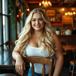 A curvy blonde woman with long hair leans on a chair in the style of social media portraiture