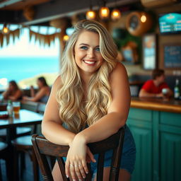 A curvy blonde woman with long hair leans on a chair in the style of social media portraiture