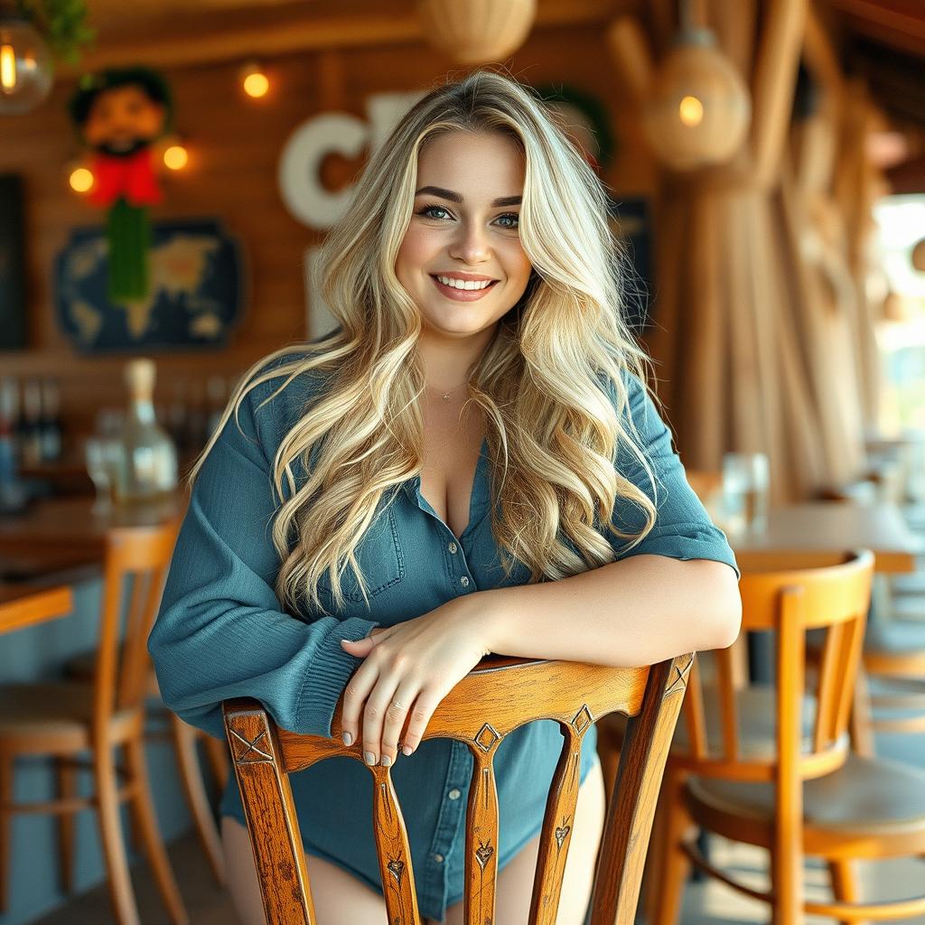 A curvy blonde woman with long hair leans on a chair in the style of social media portraiture