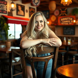 A curvy blonde woman with long hair leans on a chair in the style of social media portraiture