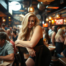 A curvy blonde woman with long hair leans on a chair in a lively tavern scene filled with lots of people