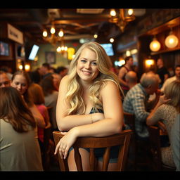 A curvy blonde woman with long hair leans on a chair in a lively tavern scene filled with lots of people