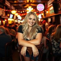 A curvy blonde woman with long hair leans on a chair in a lively tavern scene filled with lots of people