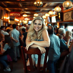 A curvy blonde woman with long hair leans on a chair in a lively tavern scene filled with lots of people