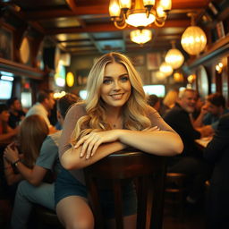 A curvy blonde woman with long hair leans on a chair in a lively pub scene filled with lots of people