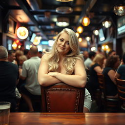 A curvy blonde woman with long hair leans on a chair in a lively pub scene filled with lots of people