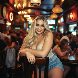 A curvy blonde woman with long hair leans on a chair in a lively pub scene filled with lots of people