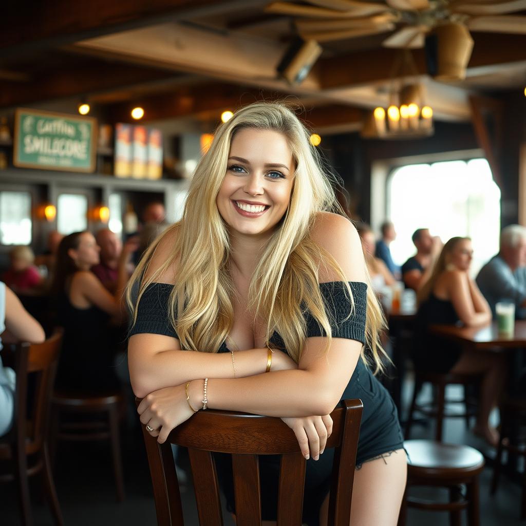 A curvy blonde woman with long hair leans on a chair