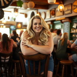 A curvy blonde woman with long hair leans on a chair