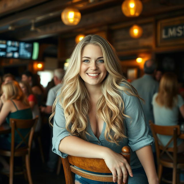 A curvy blonde woman with long hair leans on a chair