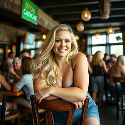 A curvy blonde woman with long hair leans on a chair