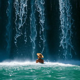 a person under a cascading waterfall, the water droplets glistening in the sunlight