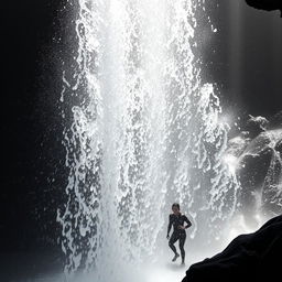 a person under a cascading waterfall, the water droplets glistening in the sunlight