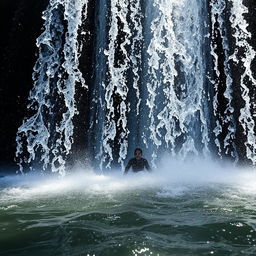 a person under a cascading waterfall, the water droplets glistening in the sunlight