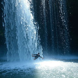 a person under a cascading waterfall, the water droplets glistening in the sunlight